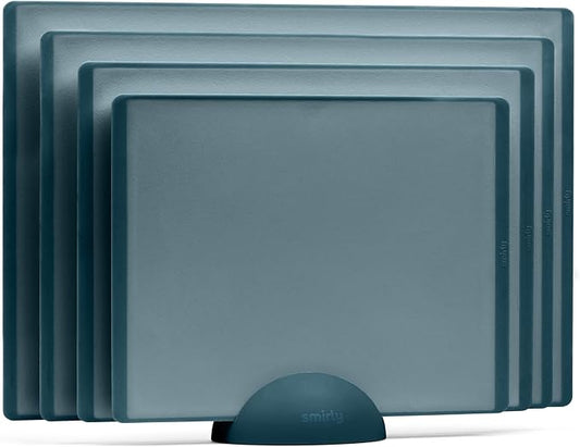 SMIRLY Plastic Cutting Board Set with Holder 4 Pieces, Non-Slip Dishwasher Safe Chopping Boards for Kitchen, Blue