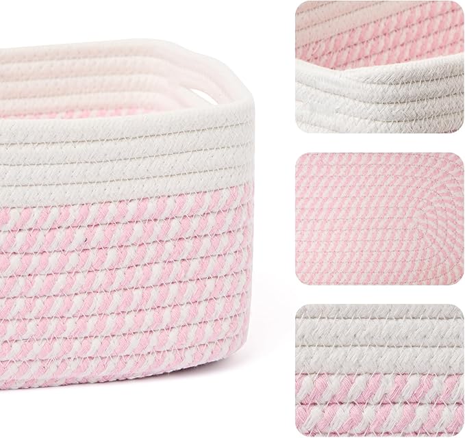 Small Storage Baskets for Organizing | Closet Organizer Bins | Shelf Toy Basket | Woven Rope Baskets | Cube Decorative Box | Shallow Basket | 13x8.5x5.1” | 3 Packs White Pink
