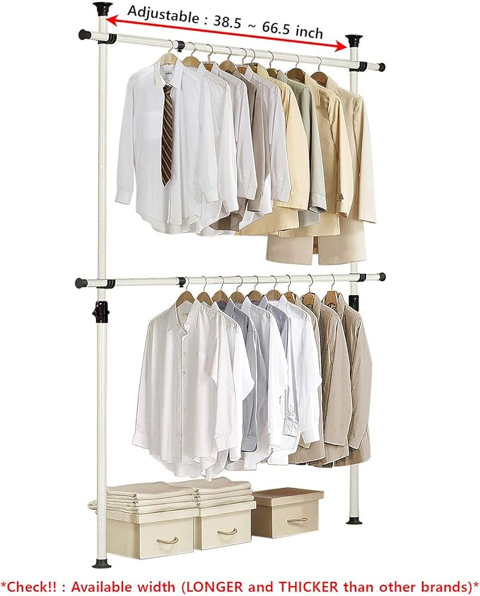 PRINCE HANGER Rack Heavy Duty One Touch System Load 352LBS Clothing Racks for Hanging Clothes Metal Closet Garment Closet system Tension Rod Free Standing Ivory Width Adjustable PHUS-0023