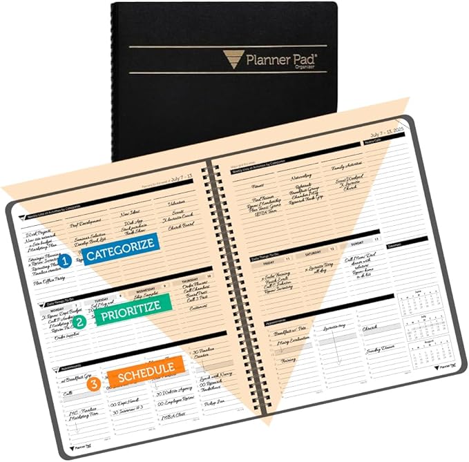 Planner Pad Spiral Bound 3-Tier Funnel Down 12 Month Organizer, July 2025 – June 2026 / Academic Year, Black Cover/Black Ink, 8 1/2" x 11"