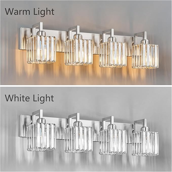 Modern Bathroom Vanity Light 4-Lights Brushed Nickel Vanity Light Crystal Wall Light Bathroom Light Fixtures