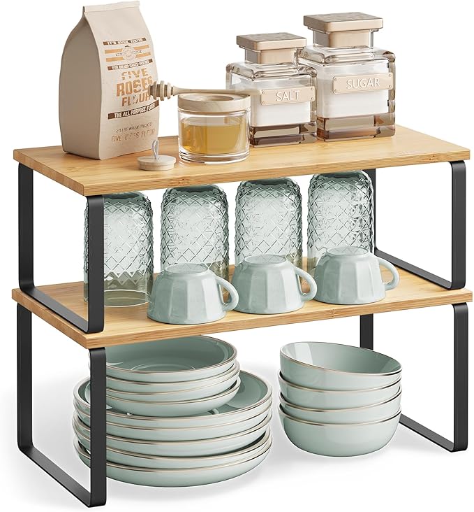 SONGMICS Cabinet Organizer Shelf, Set of 2 Kitchen Counter Shelves, Kitchen Storage, Spice Rack, Stackable, Expandable, Metal and Engineered Wood, Ink Black and Natural Beige UKCS200B01