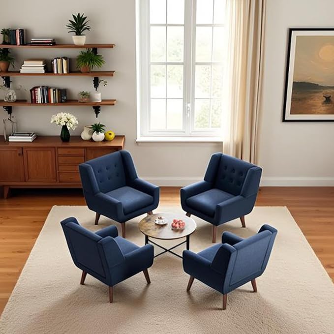 HUIMO Accent Chair Living Room Chair, Upholstered Button Tufted Armchair, Linen Fabric Sofa Chairs for Bedroom, Living Room, Mid Century Modern Comfy Reading Chair (Dark Blue)