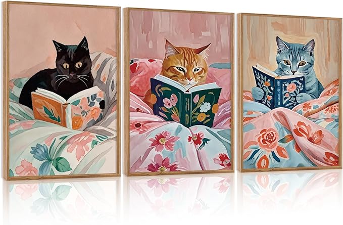 HPNIUB Framed Vintage Black Cats Canvas Wall Art, Funny Animal Reading Books Poster Printing Pictures, Pink Cute Cat Lovers Wall Decor for Girls Room Bedroom Kids Room Living Room Classroom- 16 x24 x3