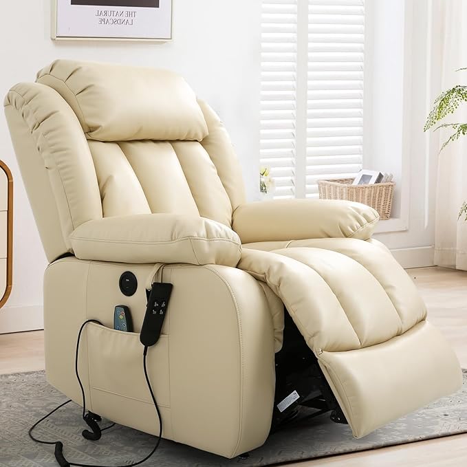MAEVIS Power Recliner Chair, Lay Flat Sleeping Lift Chairs Recliner for Elderly with Heat and Massage,Comfy Real Breathable Leather Recliners with Dual OKIN Motor for Living Room (Beige)
