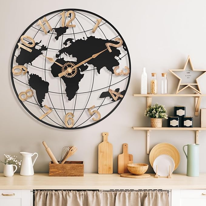 24 Inch Large Wall Clock for Living Room Decor,Big Modern Decorative Silent Metal World Map Wall Clock with Vintage Gold Arabic Numeral for Office,Living Room,Kitchen,Dining Room