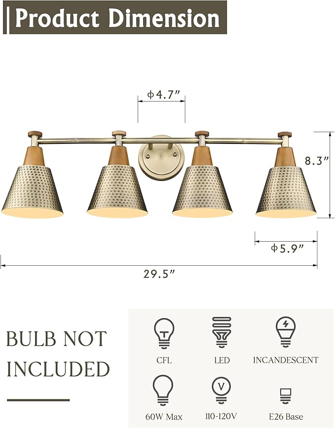 FEMILA Vanity Lights, 4-Lights Bathroom Light Fixtures Over Mirror, Antique Brass Wall Sconces Lamp with Hammered Metal Shade Finish, 4FG59B-4W BG