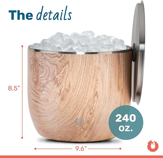 SNOWFOX XL Premium Vacuum Insulated Double Wall Stainless Steel Ice Bucket with Lid/Scoop, Bar Accessories, Large Elegant Party Bucket, Chill Several Bottles, Beautiful Entertaining, 7L, Natural Teak