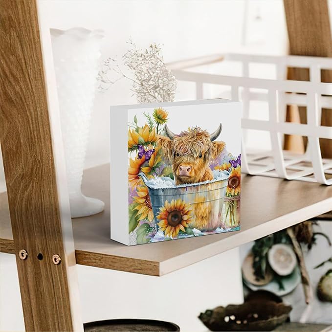 Highland Cow Funny Bathroom Decor, Highland Cow Gifts, Highland Cow Decor,Highland Cow Nursery Decor,Wooden Box Decor Sign for Home Farmhouse Office Living Room Table Shelf Tiered Desk