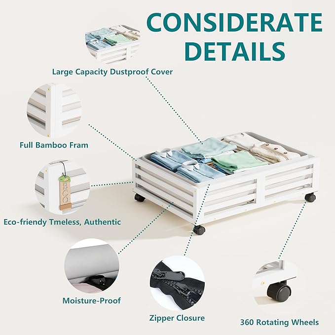 Bamboo Under Bed Storage Containers- Underbed Organizer with Wheels with Large Dust Bag,Sturdy Wood Rolling Under the Bed Shoe Storage Organizer Drawer 2 Packs (White, Small)