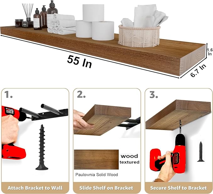 IAE Walnut Floating Wall Shelves 55 inch, Bathroom Shelves Wall Mounted,Invisible Shelves Floating Kitchen Shelves,Wooden Wall Shelves with Brackets for Living Room Wall Mounted,Easy Install,Set of 2