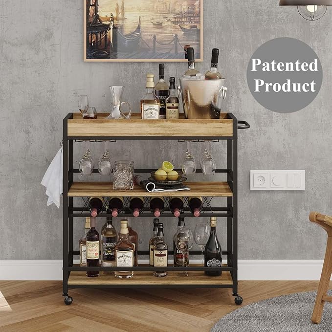 BON AUGURE Bar Cart for The Home, Bar Serving Carts on Wheels, 3 Tier Storage Drink Trolley, Rolling Wood and Metal Liquor Beverage Cart (Vintage Oak)