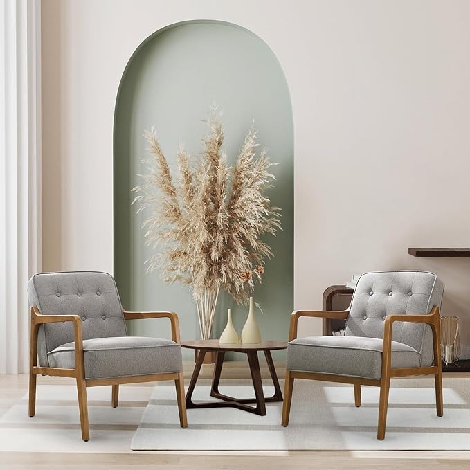 Linen Accent Chair Set of 2, Mid Century Modern Chair for Living Room, Upholstered Comfy Lounge Armchair with Solid Wood Frame, Reading Side Chair for Bedroom,105°Ergonomic Comfort, Grey