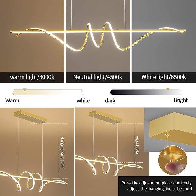 Modern Design Dimmable Desk Linear Pendant Light, with Remote Control Dimmable 3 Color Mode & Brightness Ceiling Lamp, Anti-Flicker Dining Light Fixture for Kitchen, Dining Room (Gold, 47IN)