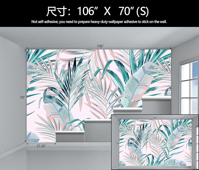Tropical Pink Palm Leaf Wallpaper Girls Bedroom Colorful Plant Leaves Wall Mural Living Room (Not Peel and Stick)