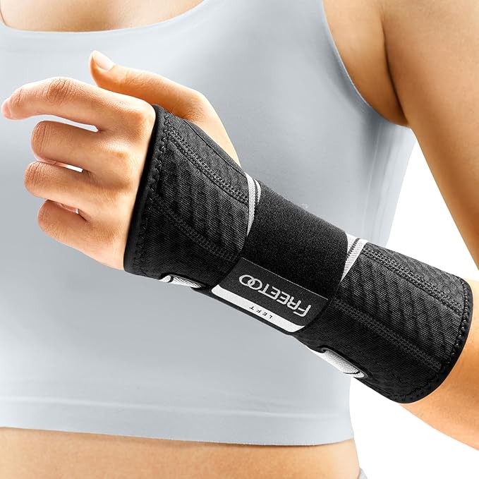 FREETOO Wrist Support Brace Left Hand for Tendonitis, Sprained Wrist, Strain, Pain Relief Wrist Splint for Carpal Tunnel, Arthritis, Wrist Immobilizer Fit Women and Men for Sleeping (S/M, Black/Grey)