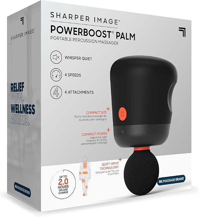 Sharper Image® Powerboost® Palm Portable Percussion Massager - 4 Attachments, 4 Speeds| Compact Full Body Back & Shoulder Mini Massage Gun| Deep Tissue Muscle Soreness Recovery| Wellness Gift