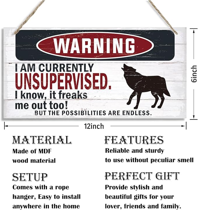Warning Sign, Unsupervised Warning Wood Plaque Sign, Funny Door Signs, Decorative Wood Hanging Suspension Plaque, Farmhouse Wooden Wall Decor, Outdoor Hanging Wooden Signs
