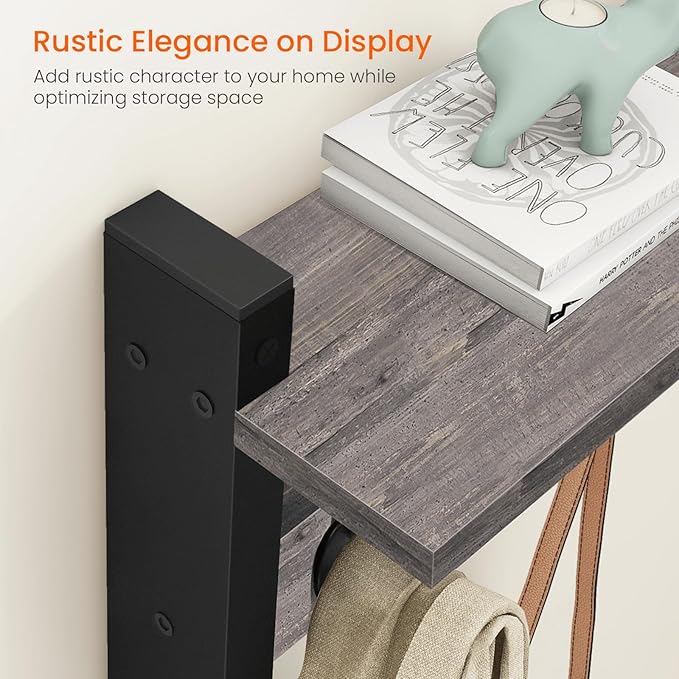 Homode Wall Hooks With Shelf, 24 Inch Coat Rack Wall Mount for Entryway, Clothes, Backpack, Key, Purse - Floating Shelf Hanging in Bathroom, Bedroom, Hallway, Rustic Grey