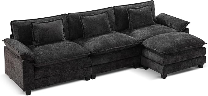 URRED Modular Sectional Sofa Comfy Cloud Couch, Modern Chenille Sofa Sleeper Deep Seat Couches with Ottoman/Pillows for Living Room (Black, 117''- L Shape)