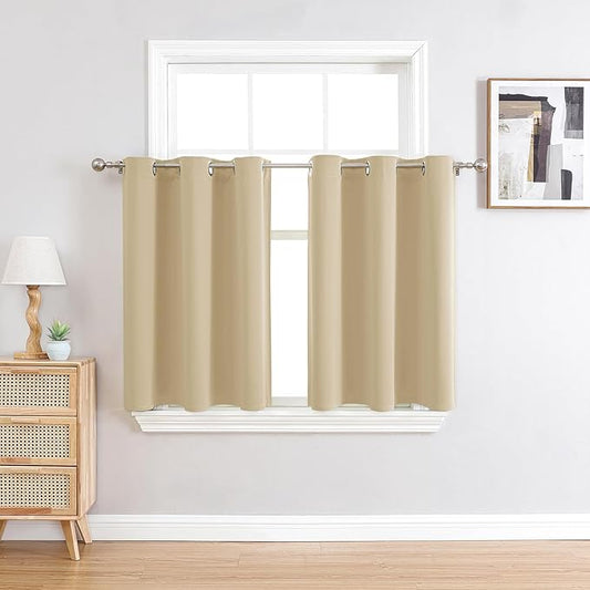 ChrisDowa Small Window Curtains 36 inches Long for Bedroom - Grommet Short Thermal Insulated Room Darkening Curtains for Kitchen (2 Panels, Biscotti Beige, 52 x 36 Inch)