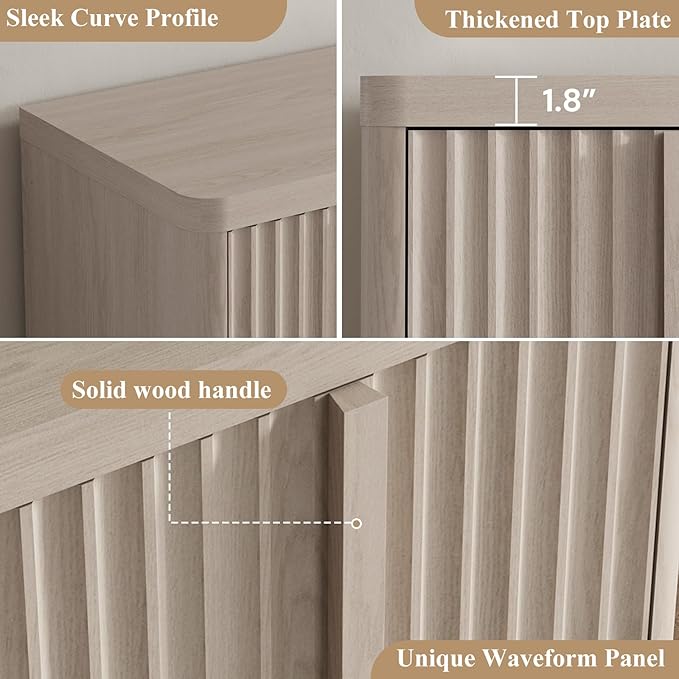 Fluted Buffet Cabinet with Storage, 120" Sideboard Buffet Storage Cabinet with 8 Doors & Solid Wood Handle, Coffee Bar Wood Credenza Cabinet for Kitchen, Dining Room, Living Room, Natural Oak(2PCS)