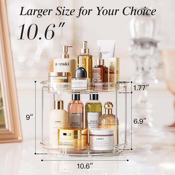 LAMU 10.6in Rotating Makeup Organizer for Vanity, 2 Tier Lazy Susan Turntable Stackable Spinning Skincare Organizer Cosmetic Perfume Tray for Bathroom Counter, Large Capacity, Clear