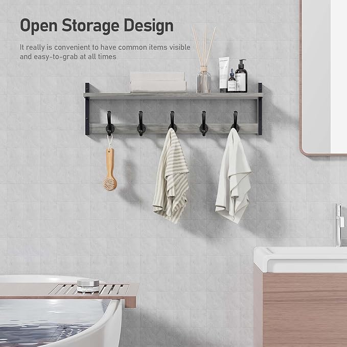 Tatub 29" Rustic Coat Rack Wall Mount with Shelf, Entryway Wall Hooks with Shelf and 5 Metal Hooks, Coat Hangers for Bathroom, Living Room, Bedroom, Kitchen, Grey