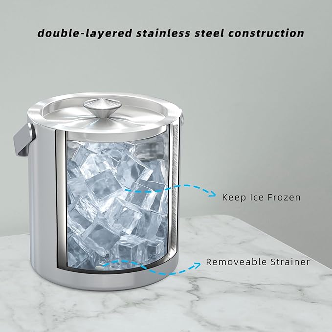 Small Ice Bucket with Lid and Tongs,1.3L Portable Mini Double Walled Ice Cube Bucket for Cocktail Bar Stainless Steel Cute Insulated Ice Buckets for Parties