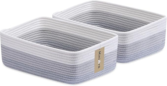 Large Shallow Organizing Baskets 15x11x5.1 Inches - Rope Woven Storage Bins for Bathroom, Shelves, Cube Closet, Gradient Grey 2 Packs