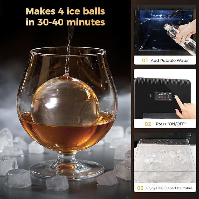 Whiskey Clear Ice-Ball Maker - 2" Slow-Melting Sphere Ice Maker, 4 pcs in 30 Mins 144 Pcs/Day, Round Cube Machine with Automatic Freeze Tech, Water Supply Self-Cleaning for Scotch, Bourbon