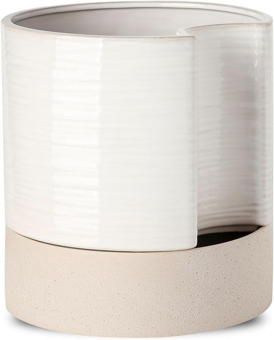 Nihow Self Watering Plant Pot: 8 Inch Ceramic Planter with Drainage Hole & Water Storage Plus for Indoor & Outdoor Plants - Cylinder Round Flower Pot for Succulent/Herbs/Violets - Cream White & Brown