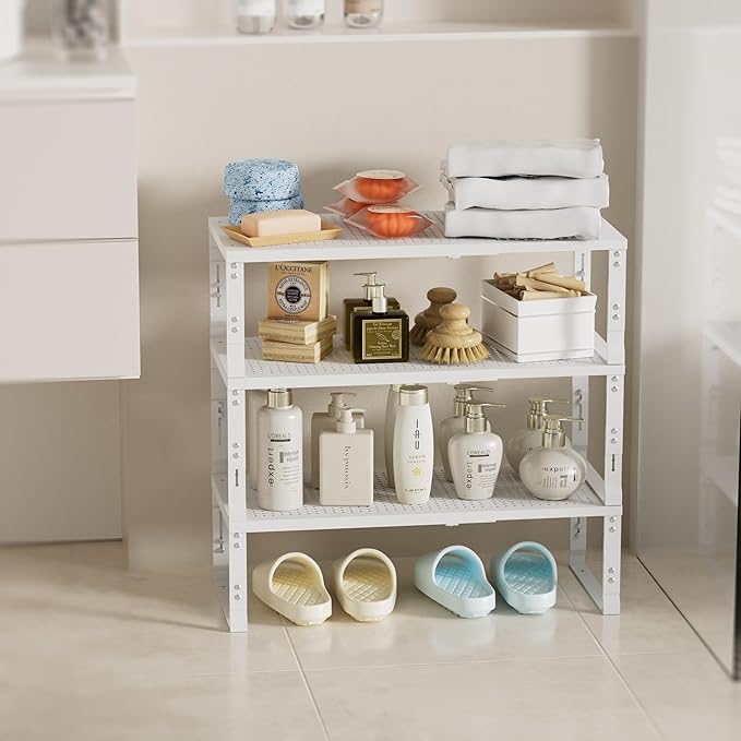 Expandable Spice Rack,Stackable Storage for Cabinet, Multi-Functional Kitchen Shelving,Height-Adjustable,Sustainable Organizer Solution(1Pack/White/Medium)