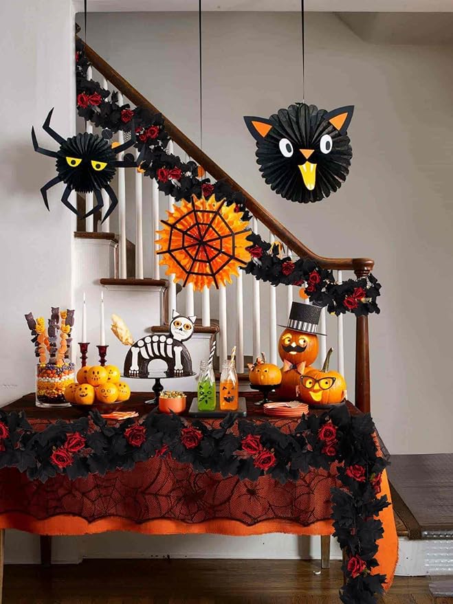 Artificial Black Garland Hanging Vine Artificial Floral Vines Fall Garland Hanging Flower Fake Rose Vines for Black and Burgundy Wedding Decor Halloween Indoor Outdoor Party Wall (Red Rose)