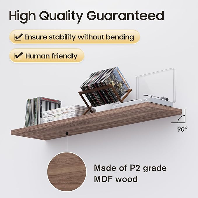 Floating Shelf, Set of 2 Wall Shelf, 24 in W x 12.75 in D x 2 in H Wooden Floating Wall Shelf with Invisible Brackets for Living Room/Bedroom/Bathroom/Kitchen Storage and Decor, Walnut