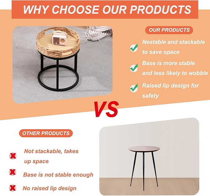 Nesting Coffee Table, Small Round Stacking Side Table with Metal Frame, Modern End Table for Living Room Bedroom Office Balcony (Rattan, 1)