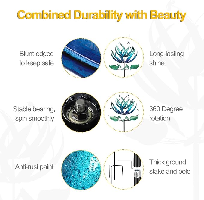 LimeHill Wind Spinner for Yard and Garden - Large Metal Windspinners for Outdoor Decorations (Blue Lotus (24 X 84 Inches))