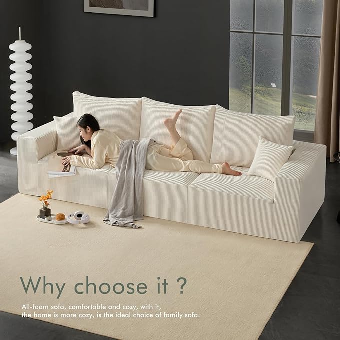 Boneless Sectional Cloud Couch Sofa for Living Room, 112" U-Shaped Modular Modern Lounge Sleeper Beige Couches with Chaise, No Assemble, Cordury Compression Upholstered Sofas