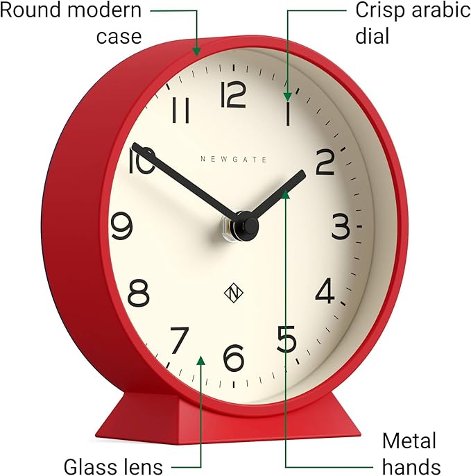 NEWGATE® M Mantel Echo Desk Clock | Modern Round Design | Red | Easy to Read Numbers | Contemporary Style for Desk, Table, Shelf or Bedside