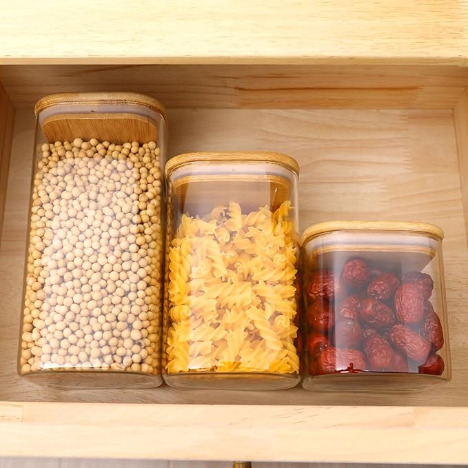 Glass Food Storage Jars with Lids(24oz/37oz/50oz)Square Set of 6 ,Glass Storage Containers Clear Glass Food Canister with Bamboo Lid Airtight For Serving Tea, Coffee Beans, Candy,Spice and More