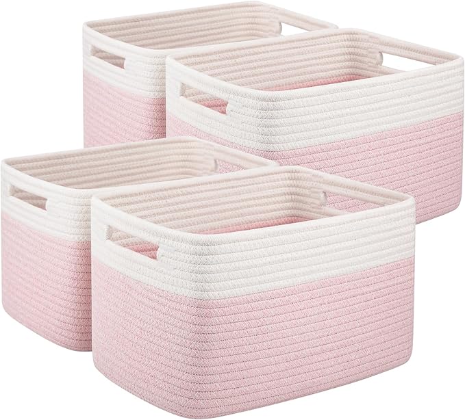 OIAHOMY 4 Pack Storage Baskets for Organizing, Basket for Shelves with Handle, Woven Baskets for Storage Toys, Towels, Books, Cotton Rope Basket 13" L x 9 " W x 7.8 " H, Pink & White