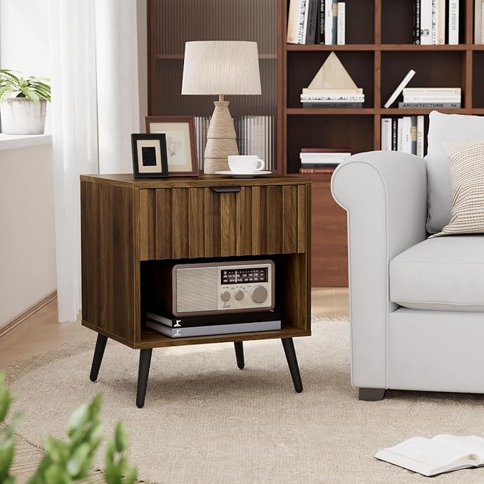 Smuxee Walnut Wooden Night Stand, Mid Century Nightstand with Fluted Drawer, Bedside Table with Open Shelf, Modern End Side Table for Bedroom