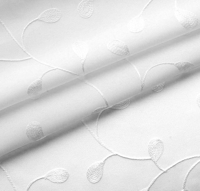 MIUCO Floral Embroidered Semi Sheer Curtains Faux Linen Grommet Window Curtains for Bedroom Living Room 84 Inches Long 2 Panels, Pure White