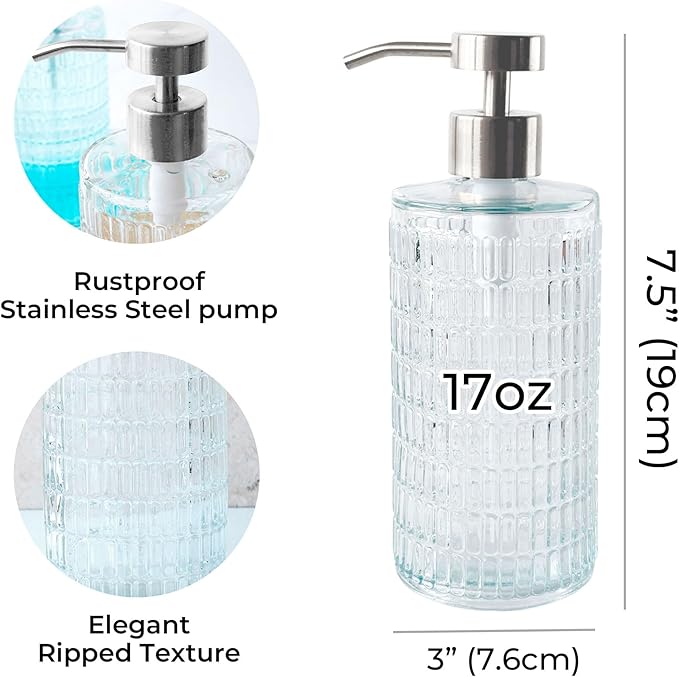 Lunestella Elegant Glass Hand Soap Dispenser with Stainless Steel Pump, for Bathroom and Kitchen, Rust Proof, 17oz (Silver)
