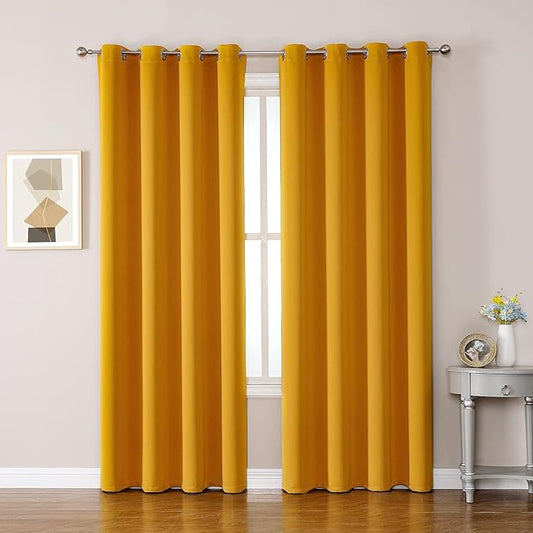 ChrisDowa Room Darkening Curtains 102 Inches Long 2 Panels Set for Living Room, Grommet Thermal Insulated Blackout Curtains for Bedroom (Mustard Yellow, 52 x 102 Inch)