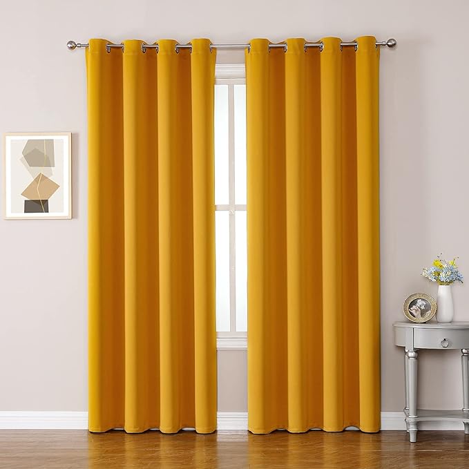 ChrisDowa Grommet Room Darkening Curtains for Bedroom and Living Room - 2 Panels Set Thermal Insulated Blackout Curtains (Mustard Yellow, 52W x 72L)