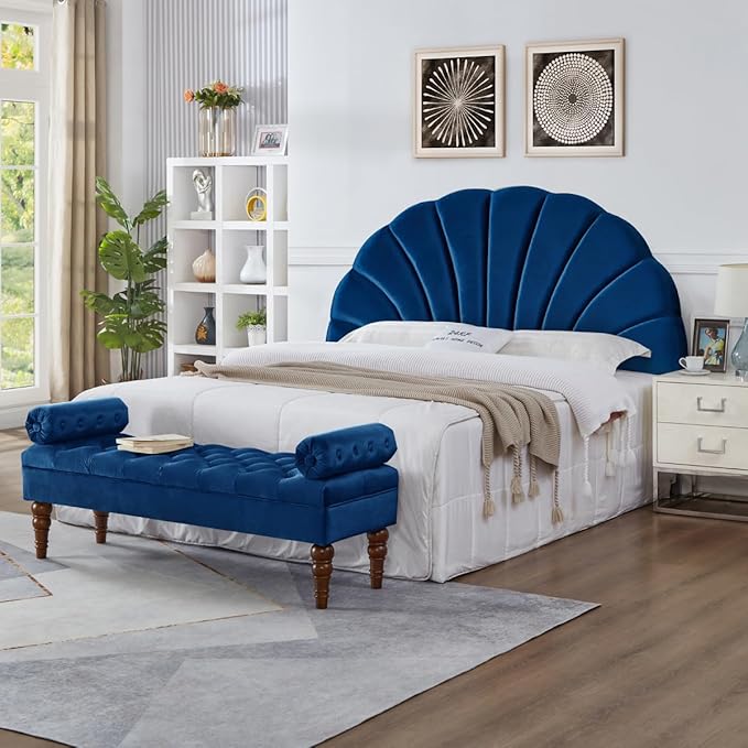 24KF Stunning Crown Design King Headboard, Upholstered Soft Velvet Petal Pattern Headboard King/CA King-6039-K-Navy