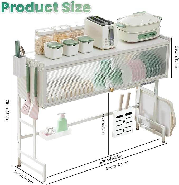 Dish Drying Rack, 3-Tier Over Sink Dish Drying Rack, 33.5" Sink Dish Rack for Small Kitchen, Space-Saving Sink Dish Rack with Cover, Baskets, Utensil, Large Kitchen Storage Organizer White
