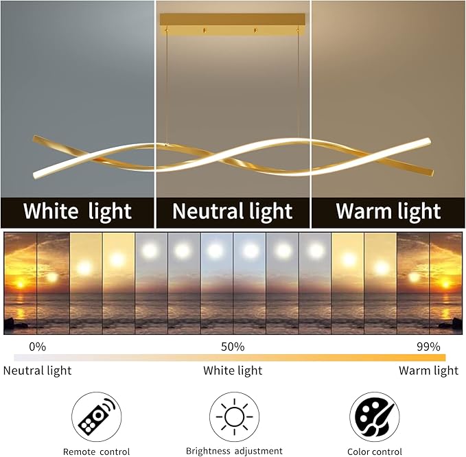 Modern Ceiling Pendant Light, with Remote Control Dimmable 3 Color Mode & Brightness Ceiling Lamp, Anti-Flicker Dining Light Fixture for Kitchen, Dining Room (Gold)