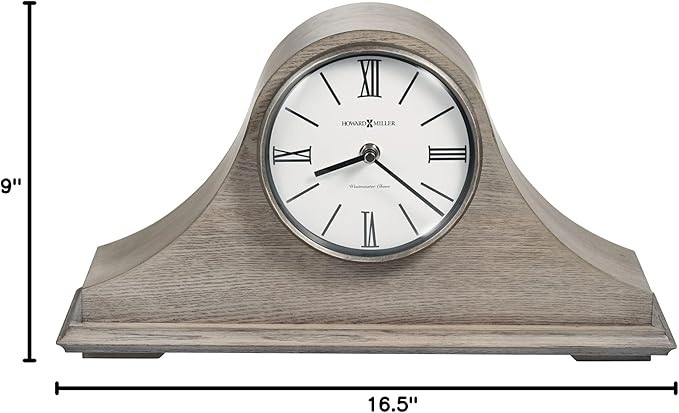 Howard Miller Lakeside Mantel Clock, Triangular Burl Overlays Gray Finish Sturdy Wooden Material, Vintage Analog Dial Roman Numerals with Black Bar Style Idle Timepiece for Office & Home Decor
